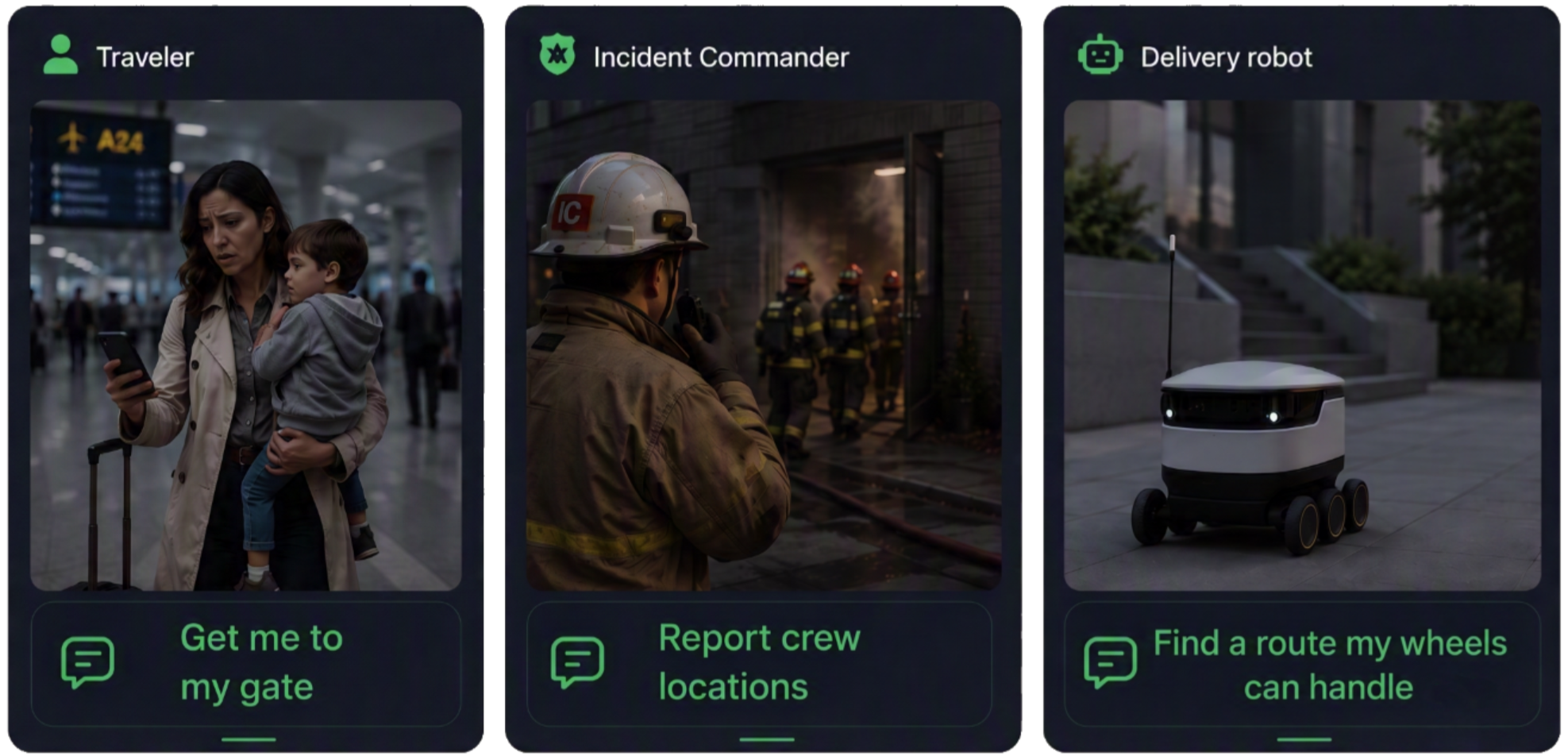 Location intelligence scenarios for travelers, incident commanders, and delivery robots
